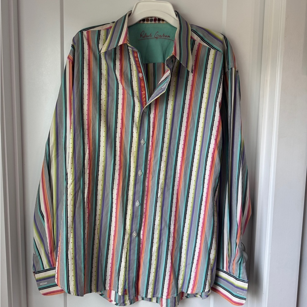 Robert Graham Men’s Shirt Multi Color striped Flip Cuff Button Down 2XL